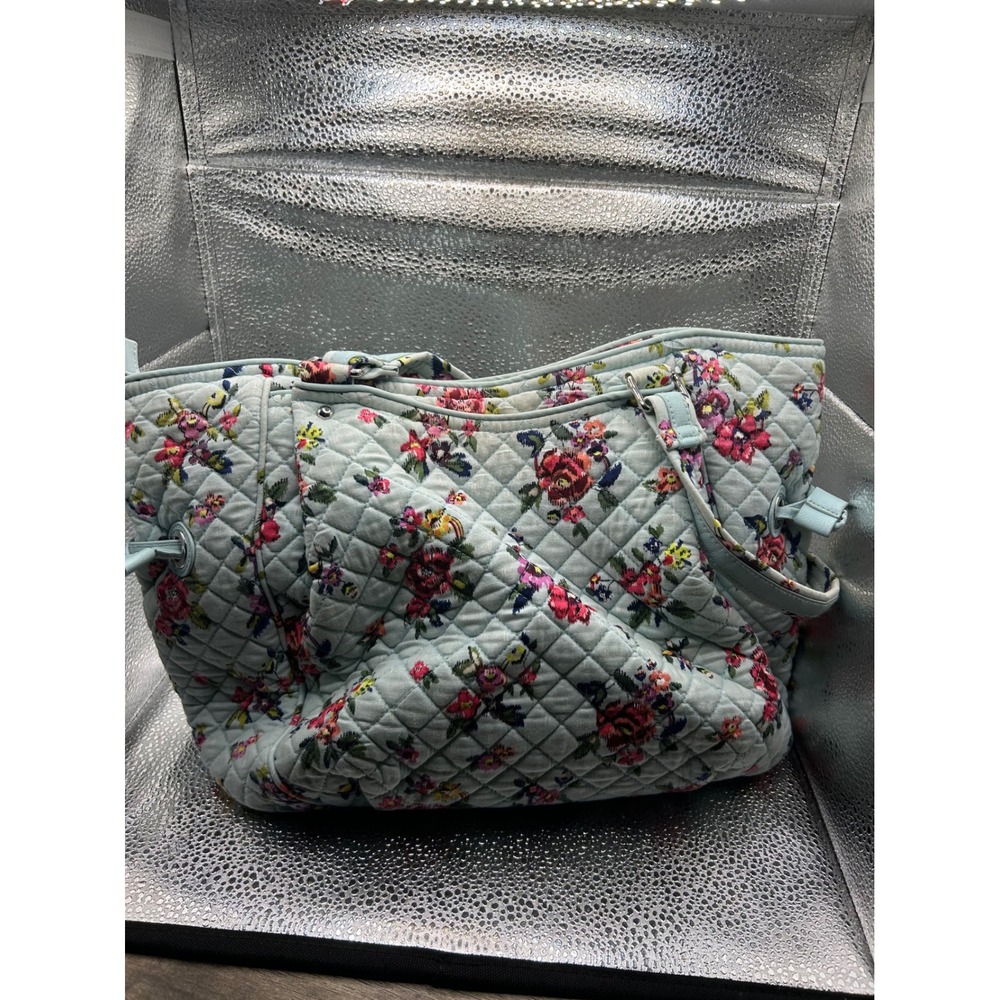Vera Bradley Quilted Cotton Tote Bag Light Blue Floral Shoulder Bag Handbag